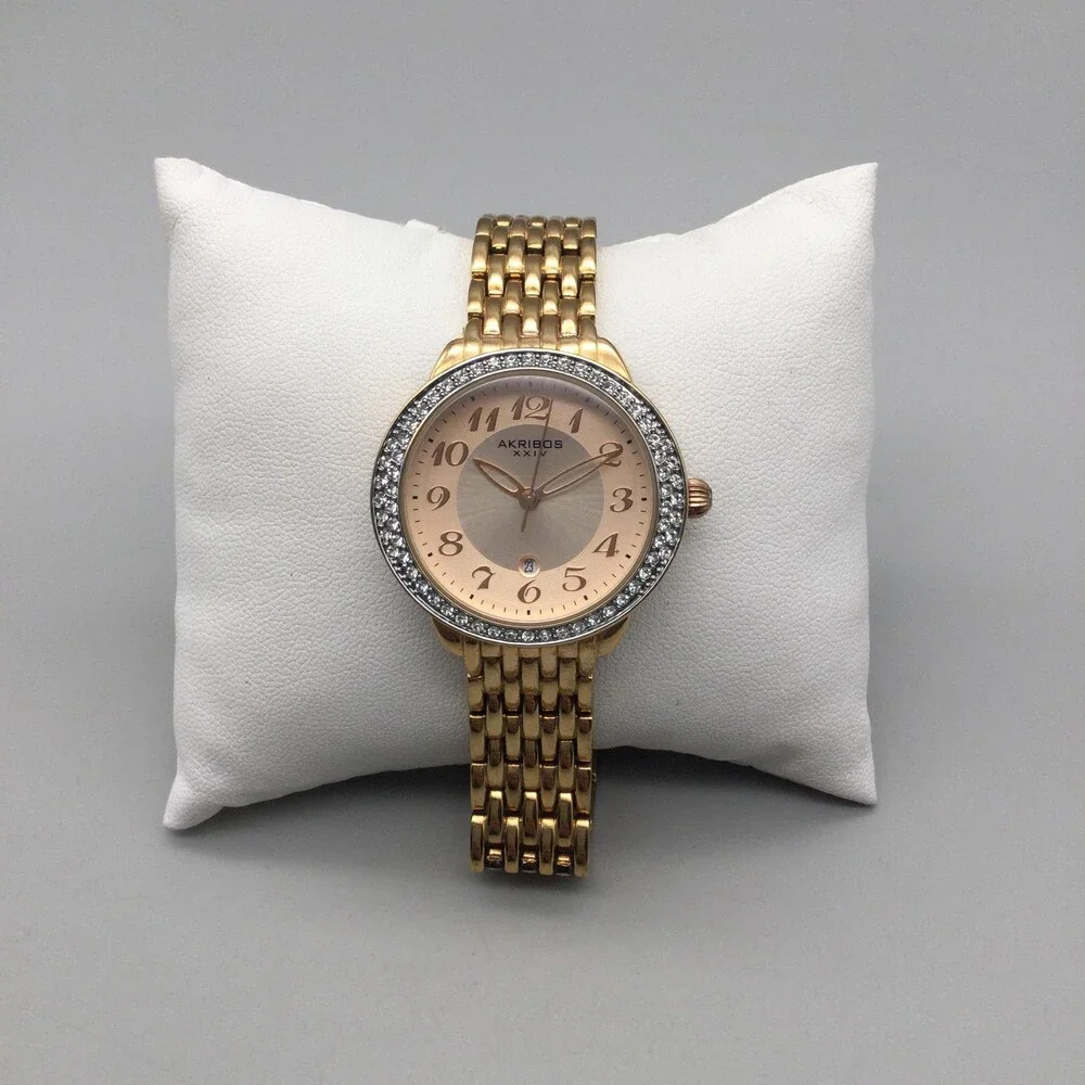 Akribos XXIV Womens Watch 33mm Gold Tone Crystals Date New Battery 7.5